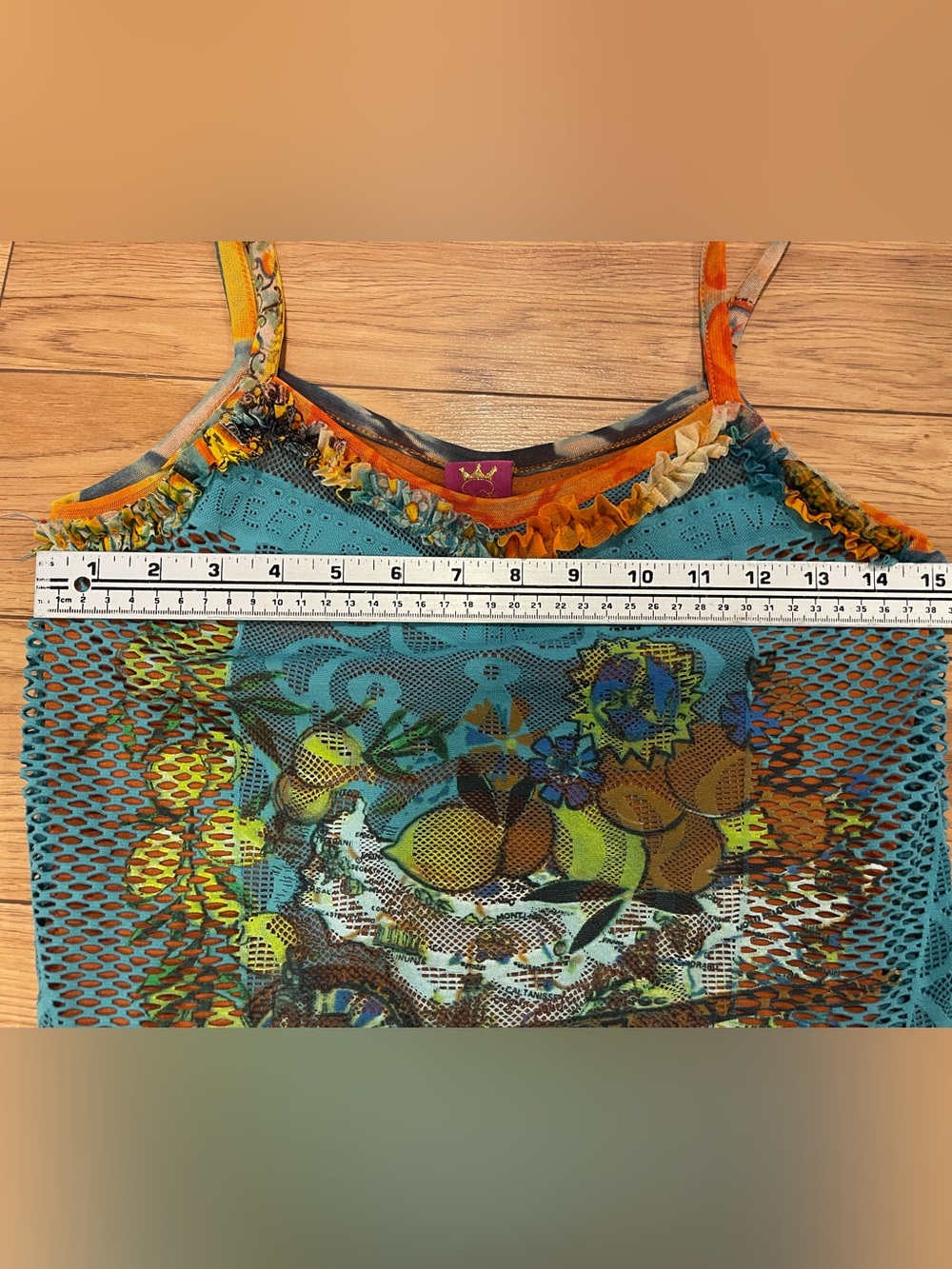 Save The Queen Y2K Turquoise Floral Mesh sleeveless Cami with Orange Trim medium - Picture 8 of 11